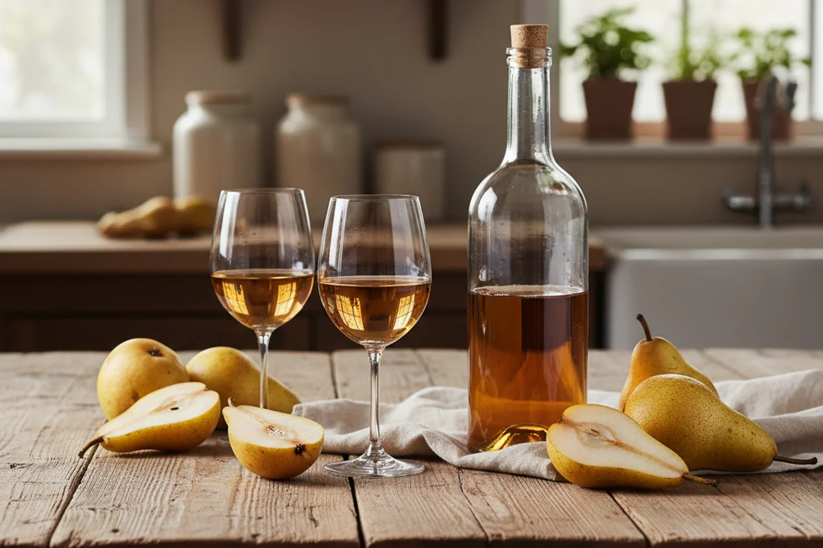 Fresh pears beside a glass of pale golden wine on a walnut surface in warm natural light