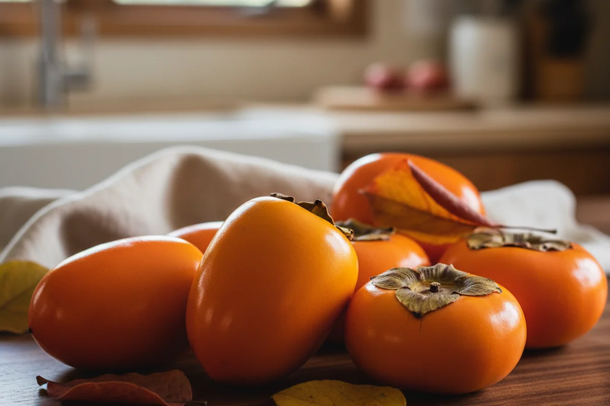 Ripe persimmons resting on a walnut surface in warm natural light with cream linen nearby