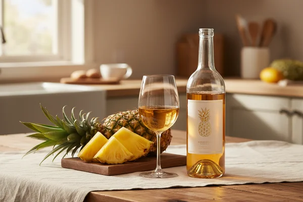 Fresh pineapple halves beside a glass carboy of golden wine on a warm walnut surface