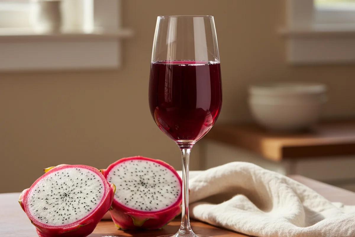 Halved pitaya fruit beside a glass of deep pink wine on a walnut surface in soft natural light