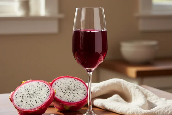 Halved pitaya fruit beside a glass of deep pink wine on a walnut surface in soft natural light