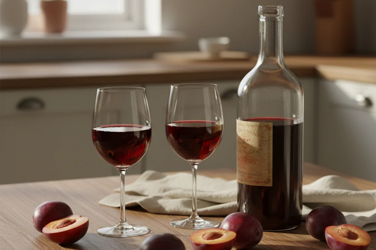 Ripe purple plums beside a glass of deep red plum wine on a warm walnut surface in soft natural light