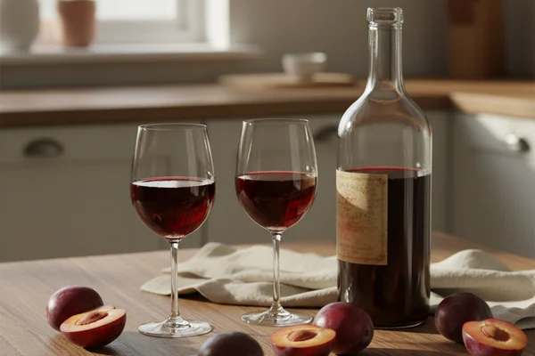 Ripe purple plums beside a glass of deep red plum wine on a warm walnut surface in soft natural light