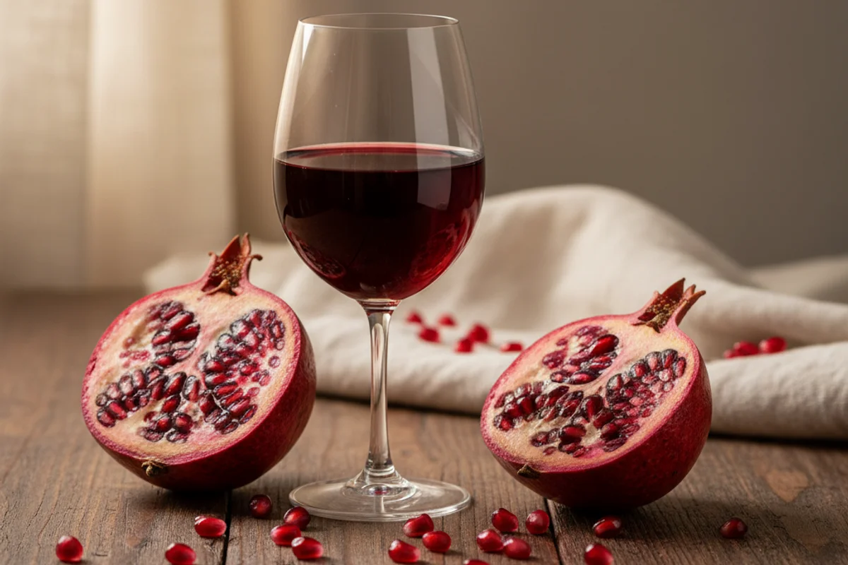 Fresh pomegranates beside a glass of deep ruby wine on a warm walnut surface in soft natural light