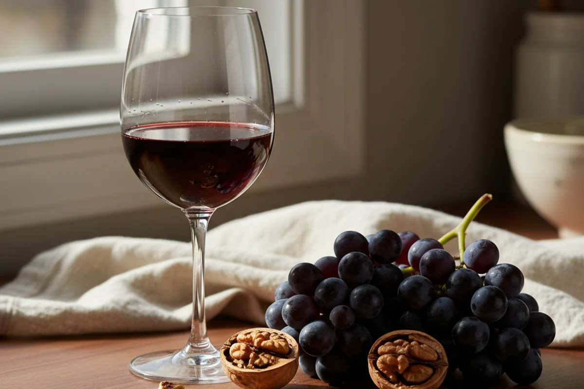 Deep ruby port wine in a rounded glass on a walnut surface, soft natural light, cream linen nearby