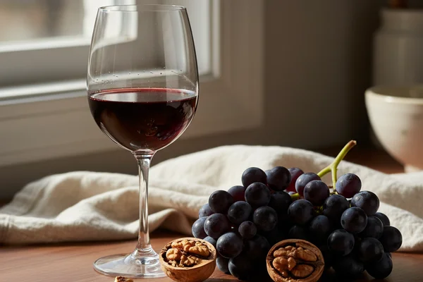 Deep ruby port wine in a rounded glass on a walnut surface, soft natural light, cream linen nearby