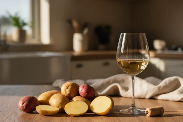 Rustic potato wine in a glass jar on a walnut surface, soft natural light, cream linen backdrop