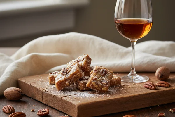 Amber praline dessert wine in a stemmed glass on a walnut surface beside scattered toasted pecans