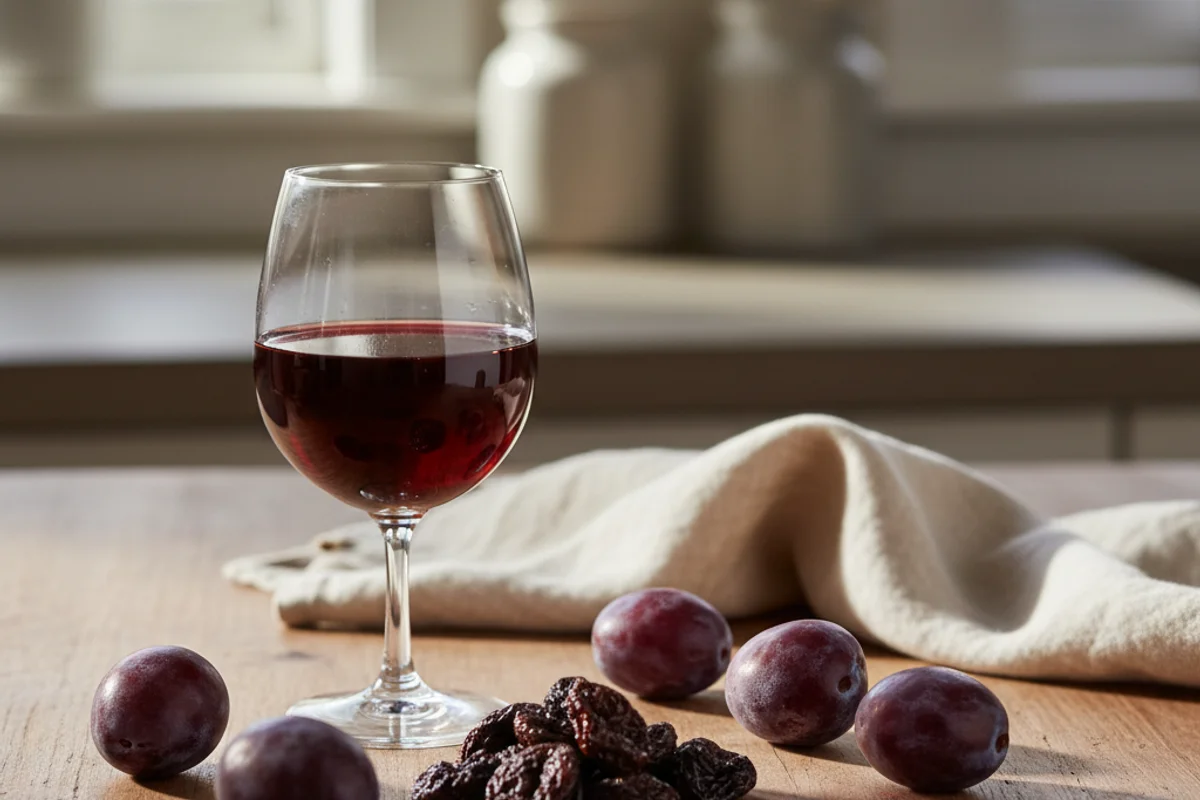 Rustic bowl of dried prunes on a walnut surface beside a glass of deep ruby wine in soft natural light