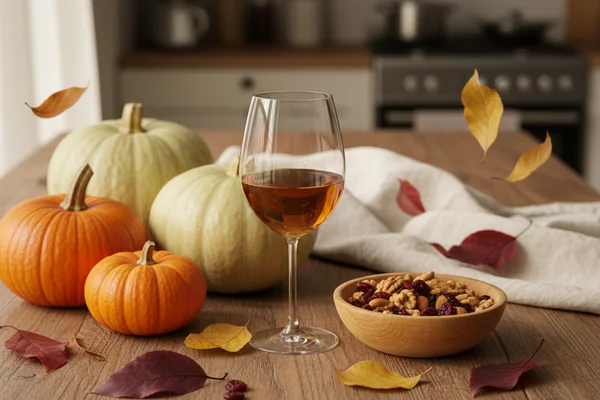 Pale amber pumpkin wine in a stemmed glass beside a small sugar pumpkin on a walnut surface