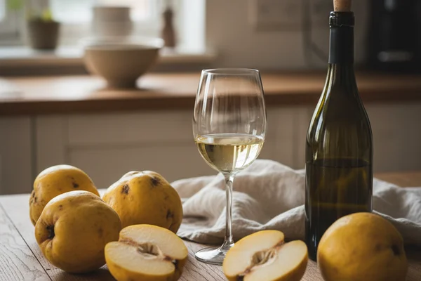Sliced quince and a glass of pale white wine on a walnut surface in warm natural light