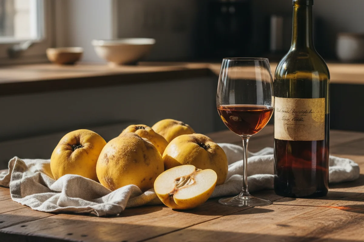 Rustic glass of golden quince wine on a walnut surface beside fresh quinces in soft natural light