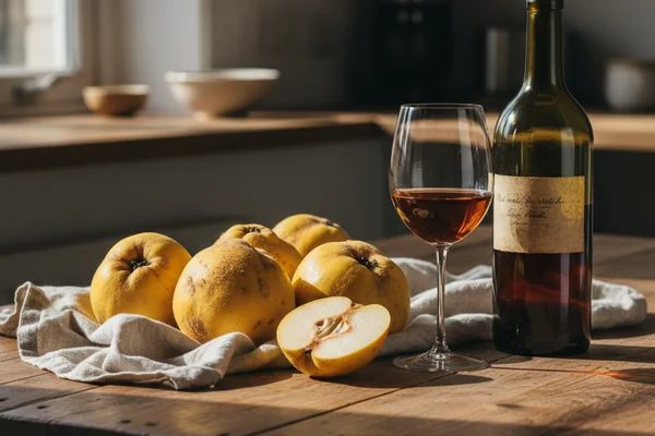 Rustic glass of golden quince wine on a walnut surface beside fresh quinces in soft natural light