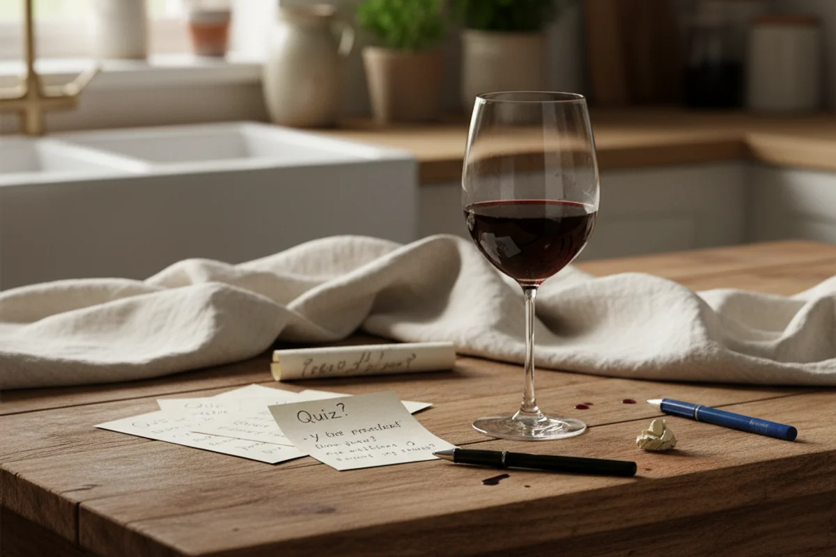 Vintage winemaking quiz cards spread on a walnut surface beside a glass of red wine in warm light