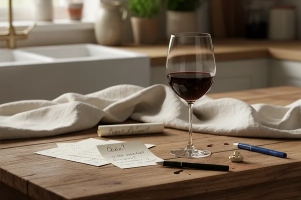 Vintage winemaking quiz cards spread on a walnut surface beside a glass of red wine in warm light