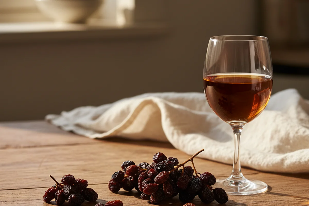 Dried raisins mounded in a rustic bowl on a walnut surface beside a glass fermentation jug in soft natural light