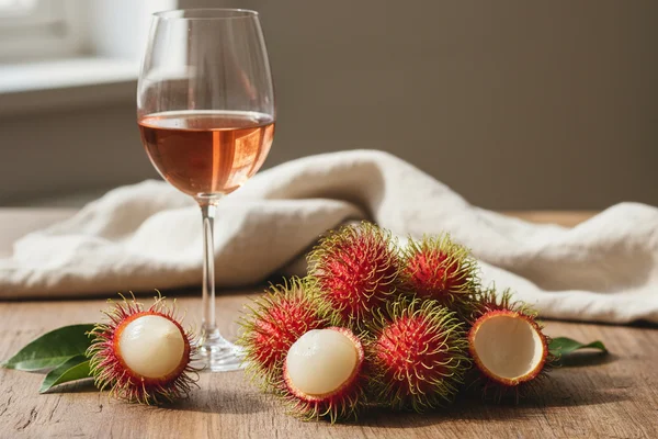 Rambutan fruits and a glass of pale wine on a walnut surface in warm natural light