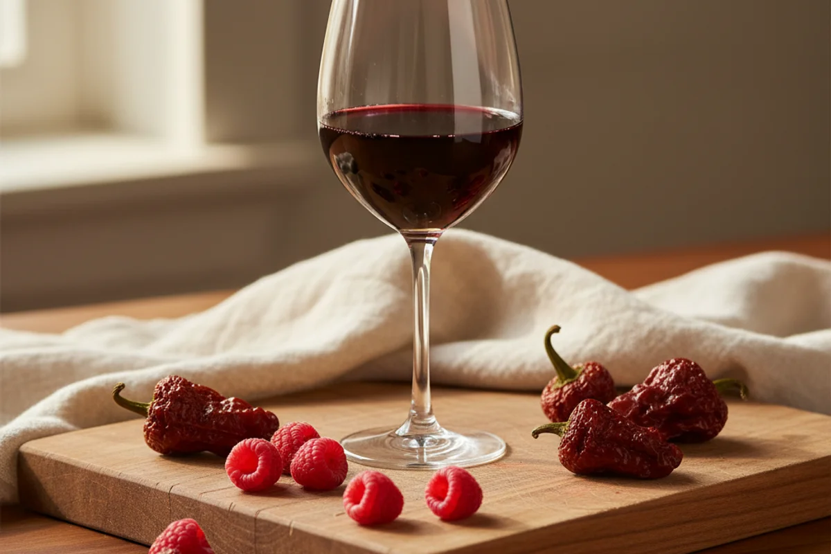 Raspberry-chipotle wine in a glass beside fresh raspberries and dried chipotles on a walnut surface