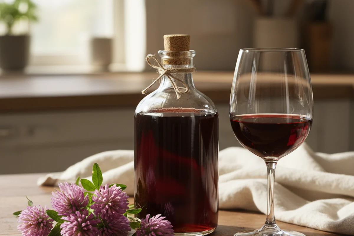 Red clover wine in a glass beside fresh clover blossoms on a warm walnut surface with soft natural light