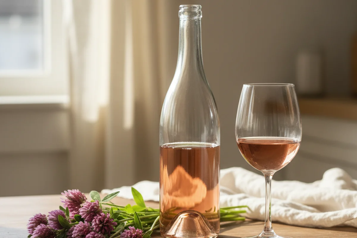 Red clover blossoms beside a glass of rosy homemade wine on a warm walnut surface in soft natural light
