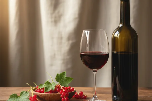 Fresh red currants beside a glass of deep ruby wine on a walnut surface in warm natural light