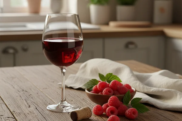 Fresh red raspberries in a rustic bowl on a walnut surface beside a glass of deep pink homemade wine