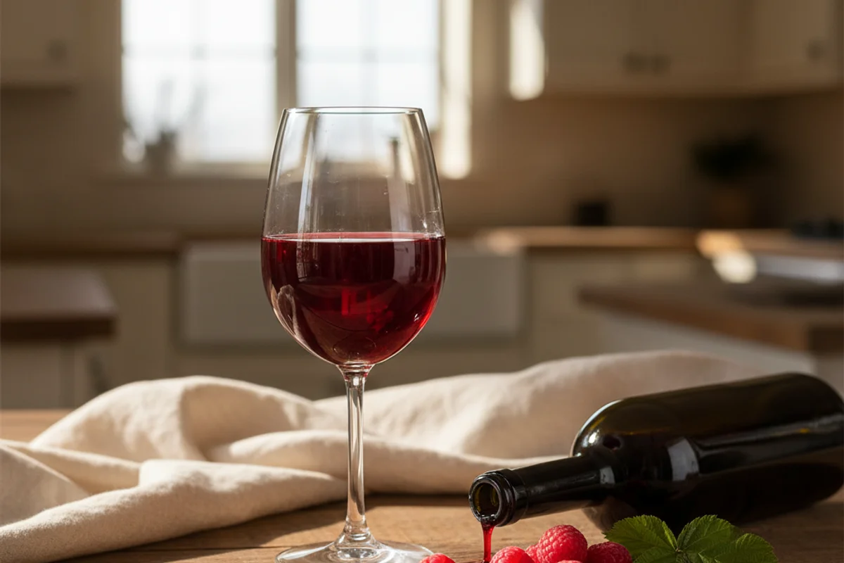 Fresh red raspberries in a ceramic bowl on a walnut surface beside a glass of deep pink wine