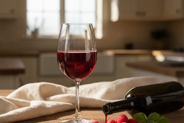 Fresh red raspberries in a ceramic bowl on a walnut surface beside a glass of deep pink wine