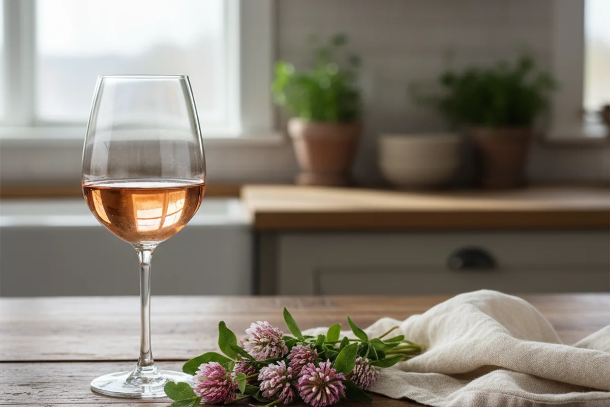 Fresh red and white clover blossoms beside a glass of pale golden wine on a walnut surface