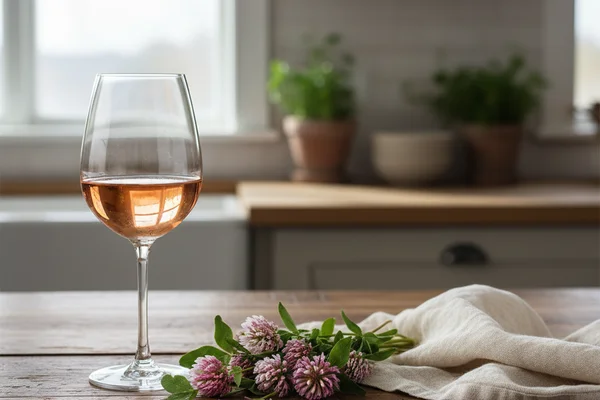 Fresh red and white clover blossoms beside a glass of pale golden wine on a walnut surface