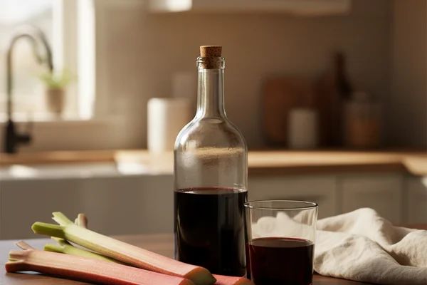 Fresh rhubarb stalks beside a glass of pale pink wine on a warm walnut surface in soft natural light