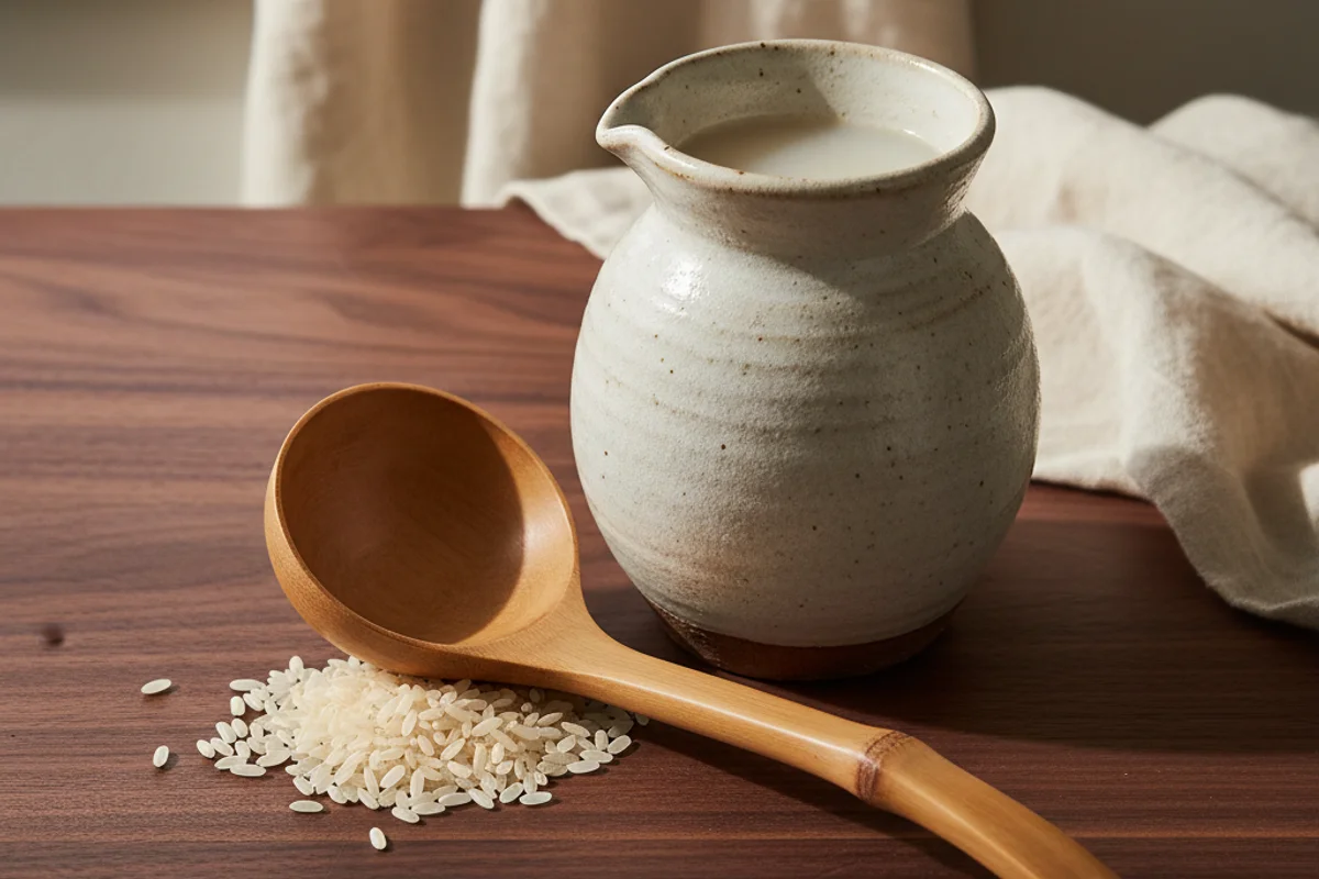 Ceramic crock of fermenting rice wine on a walnut surface beside scattered grains in soft natural light