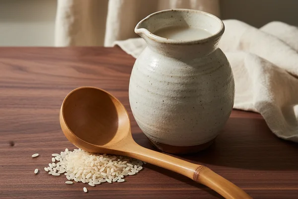 Ceramic crock of fermenting rice wine on a walnut surface beside scattered grains in soft natural light