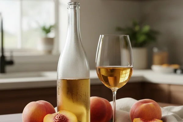 Chilled glass of pale golden Riesling wine on a walnut surface in warm natural light