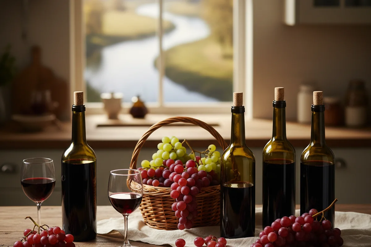 Rustic glass carboy of deep red grape wine on a walnut surface in warm natural light