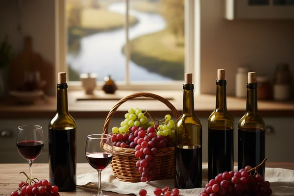 Rustic glass carboy of deep red grape wine on a walnut surface in warm natural light