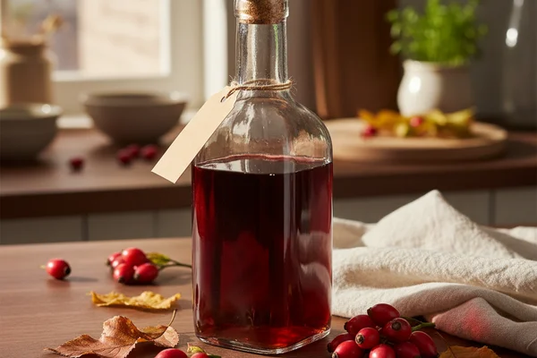 Fresh rose hips in a rustic bowl on a walnut surface beside a glass carboy in warm natural light