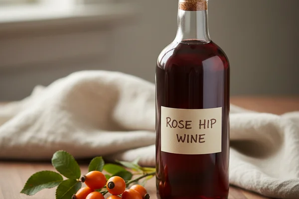 Fresh rose hips in a ceramic bowl on a walnut surface beside a glass of blush-pink homemade wine