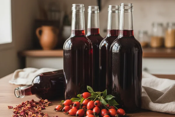 Fresh rose hips in a rustic bowl on a walnut surface beside a glass carboy in soft natural light