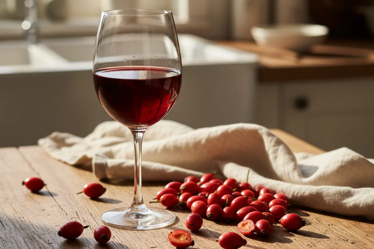 Fresh rose hips in a rustic bowl on a walnut surface beside a glass of blush wine in soft natural light