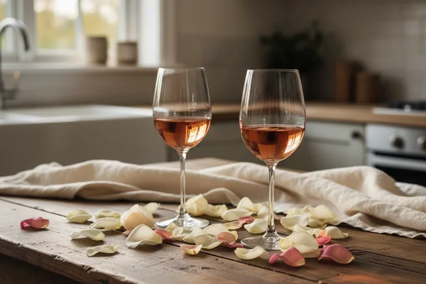 Fresh rose petals beside a glass of blush wine on a walnut surface in soft natural light