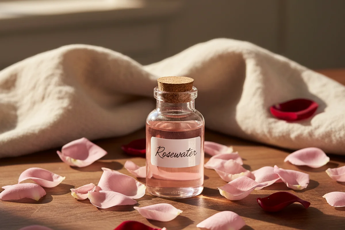 Fresh rose petals scattered on a walnut surface beside a glass of pale pink wine in soft natural light