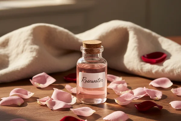 Fresh rose petals scattered on a walnut surface beside a glass of pale pink wine in soft natural light