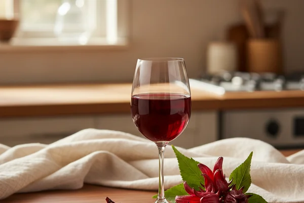Dried roselle calyces in a ceramic bowl on a walnut surface beside a glass of deep ruby wine