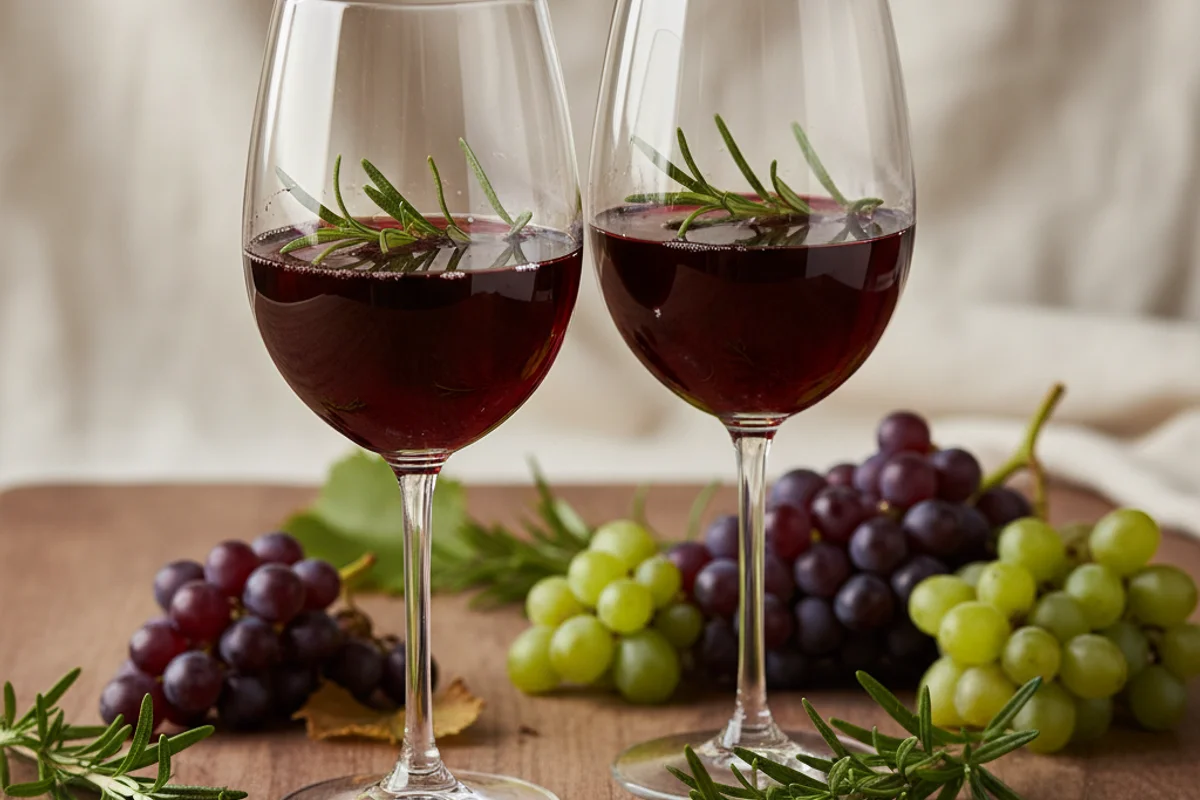 Fresh rosemary sprigs beside a glass of pale golden wine on a walnut surface in soft natural light