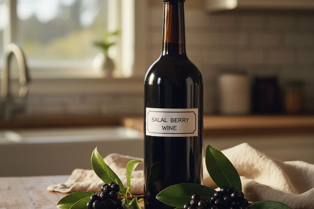 Fresh salal berries beside a glass of deep purple wine on a walnut surface in warm natural light