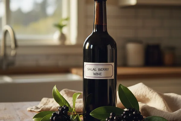 Fresh salal berries beside a glass of deep purple wine on a walnut surface in warm natural light