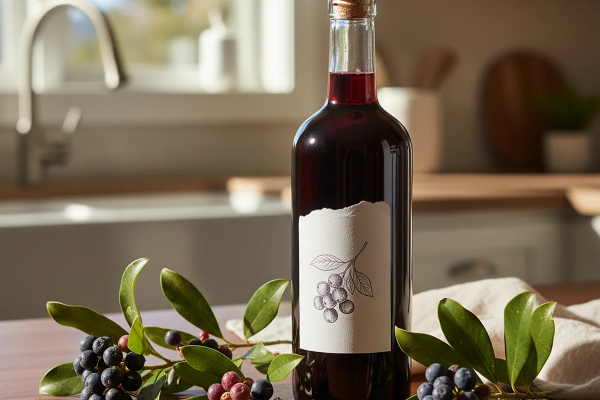 Salal berries beside a glass of deep purple wine on a walnut surface in warm natural light