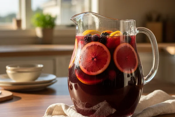 Large glass pitcher of deep red sangria with citrus slices on a sunlit walnut surface beside cream linen