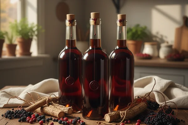 Rustic glass of deep amber sarsaparilla wine on a walnut surface beside dried herb roots and cream linen